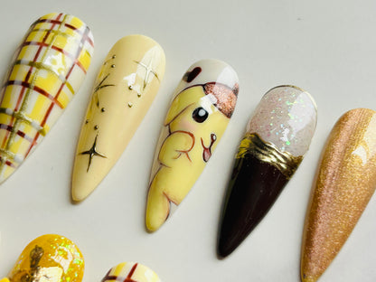 Golden Plaid Glam Press-On Nail Set | Size Medium | Handmade Luxury Press-On