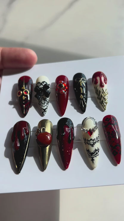 Crimson Lace Gothic Glam Press-On Nails | Size Small