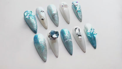 Frosted Blue Fairytale Castle Press-On Nails | Size Small